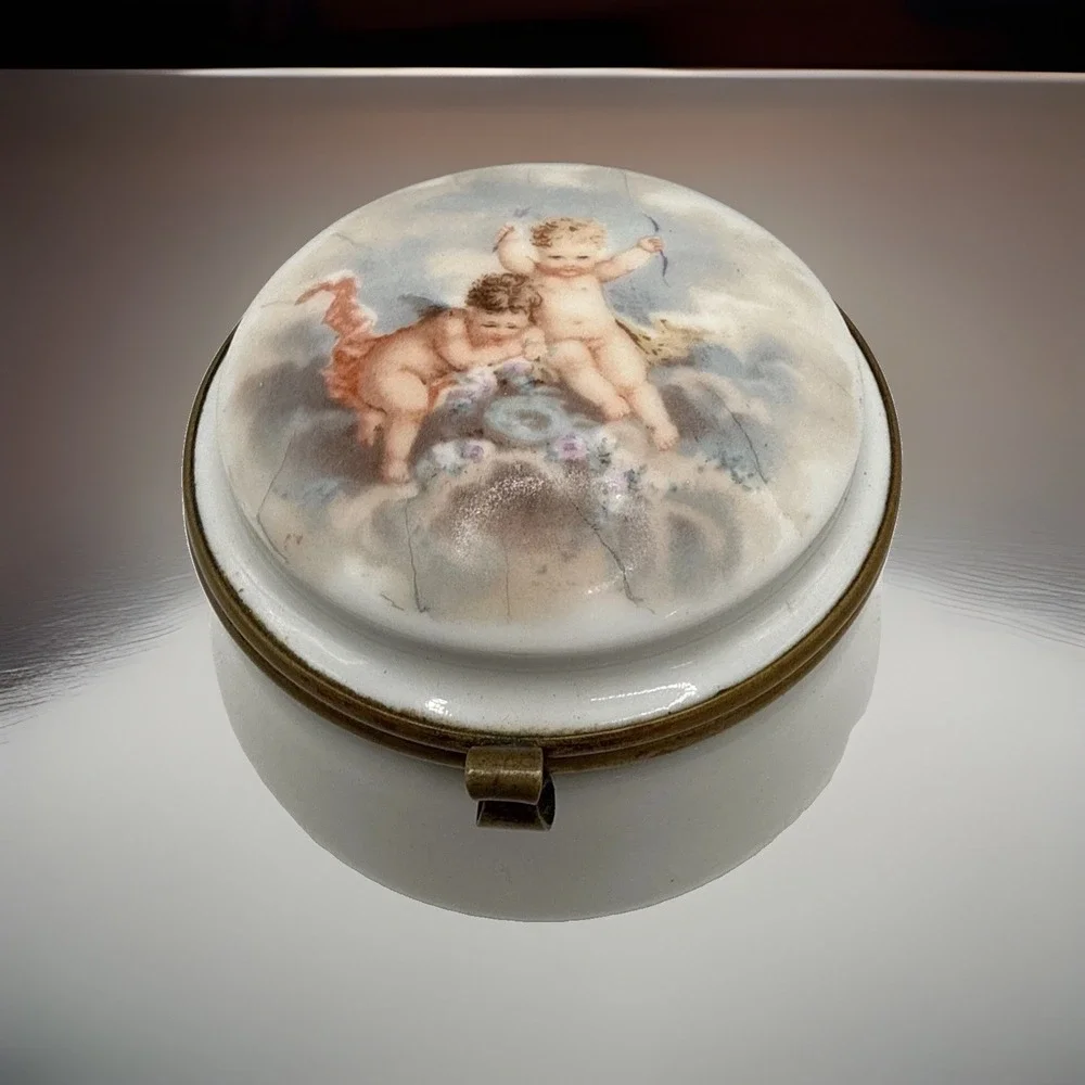 Antique Porcelain Hinged Trinket Box with Cherub Decor Dresser Box